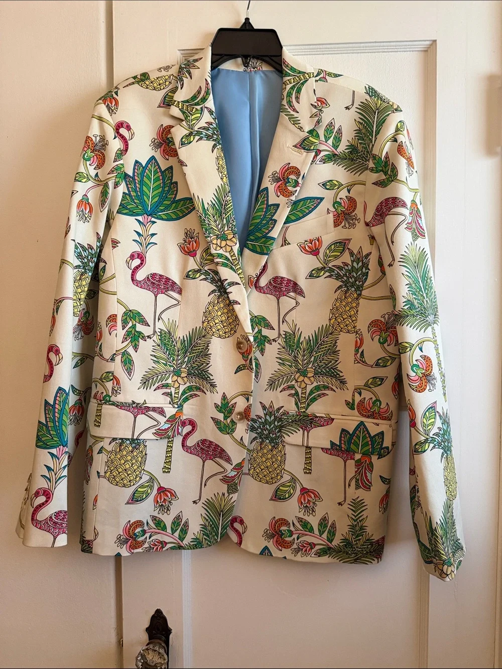 Cream Tropical Print Blazer Jacket with Pink & Green Accents